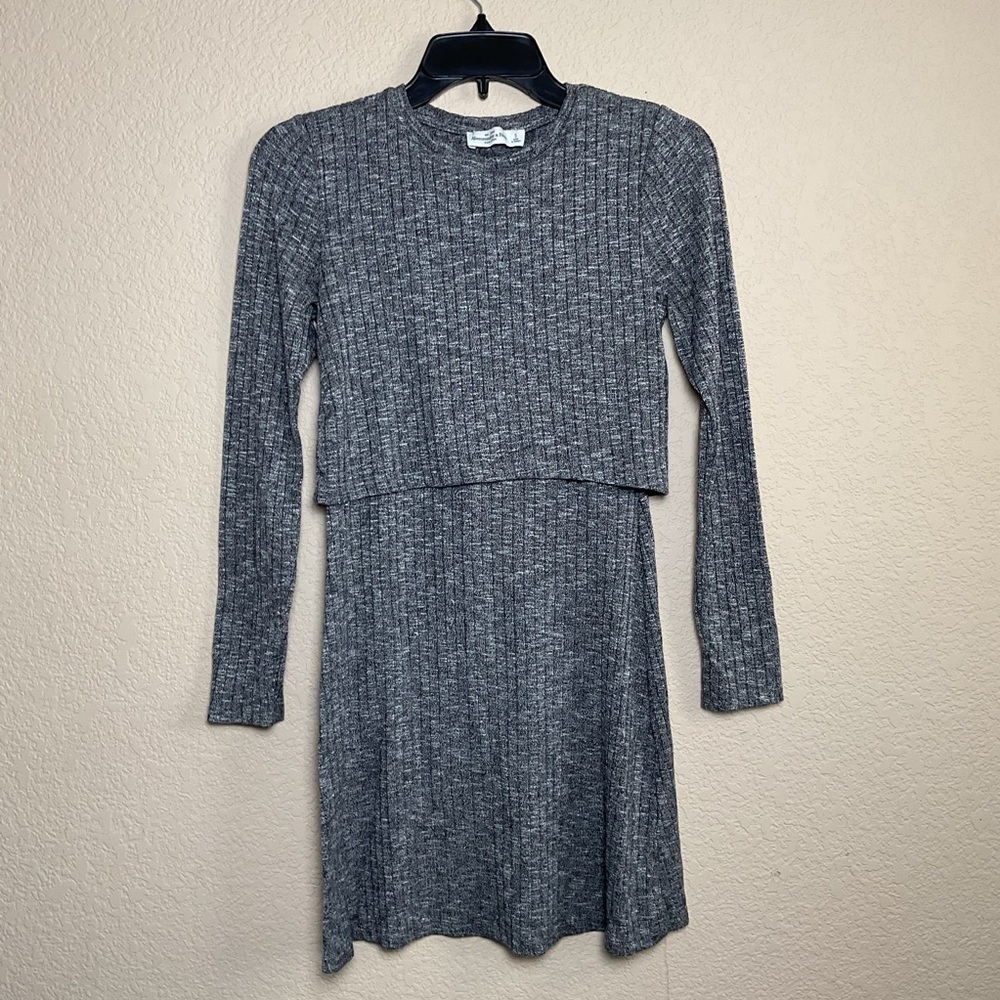 Abercrombie & Fitch Ribbed Layered Knit Long Sleeve‎ Dress Round Neck Gray Small
